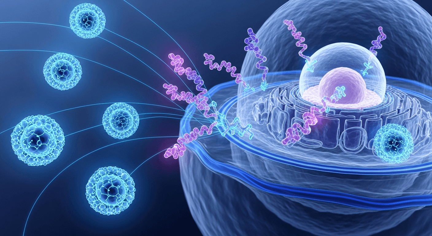Digital illustration of a cell emitting signals through DNA strands with nearby molecules.