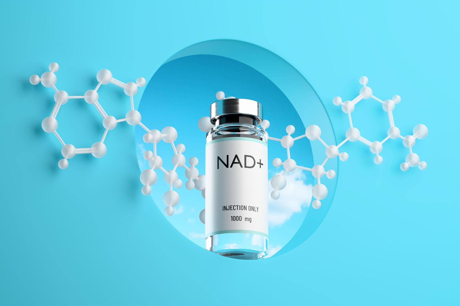 NAD+ injection vial with molecular structure on blue background.